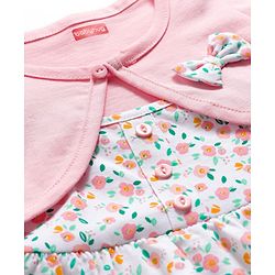 Babyhug Single Jersey Knit Floral Printed Frock with Half Sleeves Shrug - Pink & White