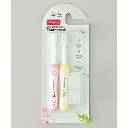 Babyhug Ultra Soft Bristles Kids Toothbrush Cute Crocodile & Rabbit Print Pack of 2 Green & Pink| Anti-slip Handle| Gentle on Gums| Ideal Head Size| Encourages Self Brushing