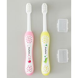 Babyhug Ultra Soft Bristles Kids Toothbrush Cute Crocodile & Rabbit Print Pack of 2 Green & Pink| Anti-slip Handle| Gentle on Gums| Ideal Head Size| Encourages Self Brushing