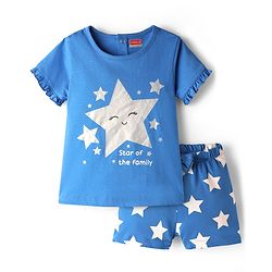 Babyhug Cotton Knit Half Sleeves Shorts Night Suit Set with Star Print Bow & Frill Detailing - Blue