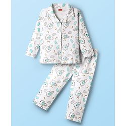 Babyhug Cotton Knit Front Open Full Sleeves Co-ords Night Suit With Animal Print - White