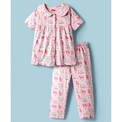 Babyhug 100% Cotton Knit Half Sleeves Co-ords Night Suit With Animal Print - Pink
