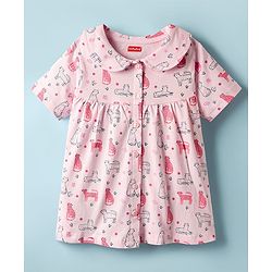 Babyhug 100% Cotton Knit Half Sleeves Co-ords Night Suit With Animal Print - Pink
