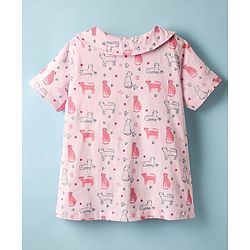 Babyhug 100% Cotton Knit Half Sleeves Co-ords Night Suit With Animal Print - Pink