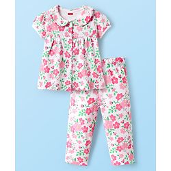 Babyhug Cotton Knit Half Sleeves Co-Ord Night Suit With Floral Print - White