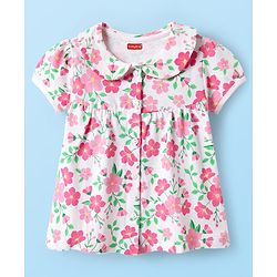 Babyhug Cotton Knit Half Sleeves Co-Ord Night Suit With Floral Print - White