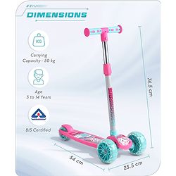 Babyhug 3 Wheel Foldable Kids Scooter with LED Light 4 Level Height Adjustment - Pink| Lean to Steer| Stable Design| Toy for 3 to 9 year Boys and Girls| Sport Gift| Promotes Physical Activity