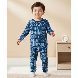 Babyhug Cotton Knit Full Sleeves Co-ords Night Suit With Abstract Print - Blue