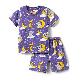 Babyhug Cotton Knit Half Sleeves Shorts Co-Ord Night Suit With Koala Print - Violet