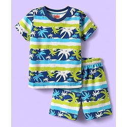 Babyhug Cotton Knit Half Sleeves Short Co-Ord Night Suit with Beach Theme Print - Green & Blue
