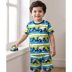 Babyhug Cotton Knit Half Sleeves Short Co-Ord Night Suit with Beach Theme Print - Green & Blue