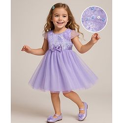Babyhug Woven Cap Sleeves Party Dress with Sequin Detailing & Bow Applique - Lavender