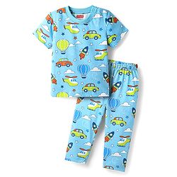 Babyhug Cotton Knit Half Sleeves Co-Ord Night Suit With Vehicle Print - Light Blue