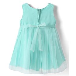 Babyhug Woven Sleeveless Mesh Party Dress With Glitter In Yoke & Bow Applique - Mint