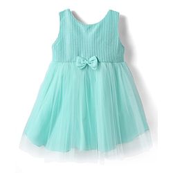 Babyhug Woven Sleeveless Mesh Party Dress With Glitter In Yoke & Bow Applique - Mint