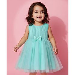 Babyhug Woven Sleeveless Mesh Party Dress With Glitter In Yoke & Bow Applique - Mint