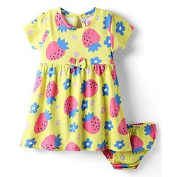 Babyhug Single Jersey Knit Half Sleeves Tropical Theme Printed Frock With Bloomers - Yellow