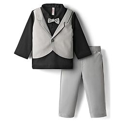 Babyhug Knit Full Sleeves Partywear Solid T-shirt & Pant Set with Attached Waistcoat & Bow Applique - Grey & Black