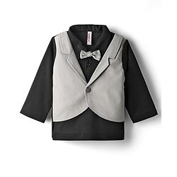 Babyhug Knit Full Sleeves Partywear Solid T-shirt & Pant Set with Attached Waistcoat & Bow Applique - Grey & Black