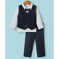 Babyhug Knit Full Sleeves Three Piece Party Suit with Checked Waistcoat & Bow Applique - White & Navy Blue