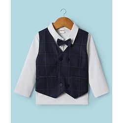 Babyhug Knit Full Sleeves Three Piece Party Suit with Checked Waistcoat & Bow Applique - White & Navy Blue
