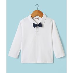 Babyhug Knit Full Sleeves Three Piece Party Suit with Checked Waistcoat & Bow Applique - White & Navy Blue