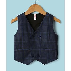Babyhug Knit Full Sleeves Three Piece Party Suit with Checked Waistcoat & Bow Applique - White & Navy Blue