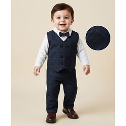 Babyhug Knit Full Sleeves Three Piece Party Suit with Checked Waistcoat & Bow Applique - White & Navy Blue