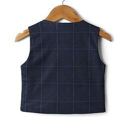 Babyhug Knit Full Sleeves Three Piece Party Suit with Checked Waistcoat & Bow Applique - White & Navy Blue