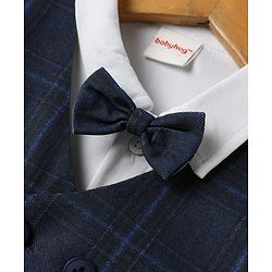 Babyhug Knit Full Sleeves Three Piece Party Suit with Checked Waistcoat & Bow Applique - White & Navy Blue
