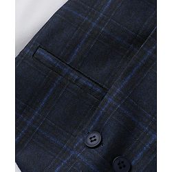 Babyhug Knit Full Sleeves Three Piece Party Suit with Checked Waistcoat & Bow Applique - White & Navy Blue