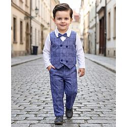 Babyhug Knit Full Sleeves Checks 3 Piece Party Suit With Bow Applique - Navy Blue & White