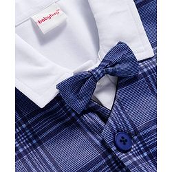 Babyhug Knit Full Sleeves Checks 3 Piece Party Suit With Bow Applique - Navy Blue & White