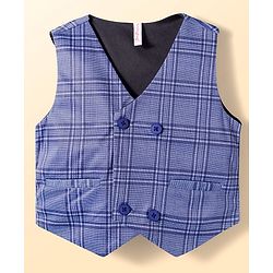 Babyhug Knit Full Sleeves Checks 3 Piece Party Suit With Bow Applique - Navy Blue & White