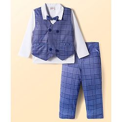 Babyhug Knit Full Sleeves Checks 3 Piece Party Suit With Bow Applique - Navy Blue & White