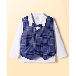 Babyhug Knit Full Sleeves Checks 3 Piece Party Suit With Bow Applique - Navy Blue & White