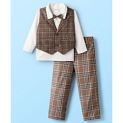 Babyhug Knit Full Sleeves Three Piece Party Suit Set with Checked Print & Bow Applique - Brown