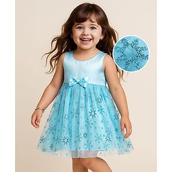 Babyhug Sleeveless Glitter Snow Flakes Frozen Theme Party Frock With Bow - Light Blue