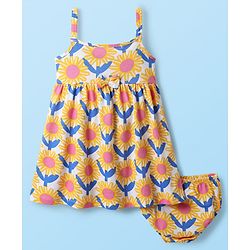 Babyhug Single Jersey Knit Sleeveless Frock With Floral Print & Bloomer - Yellow & White