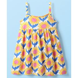 Babyhug Single Jersey Knit Sleeveless Frock With Floral Print & Bloomer - Yellow & White