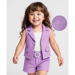 Babyhug Knit Sleeveless Solid Color Jacket and Inner T-Shirt with Shorts - Lilac