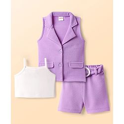 Babyhug Knit Sleeveless Solid Color Jacket and Inner T-Shirt with Shorts - Lilac