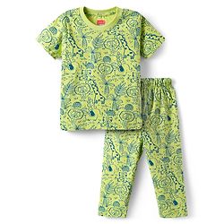 Babyhug Cotton Knit Half Sleeves Co-ord Night Suit with Animal Print - Green