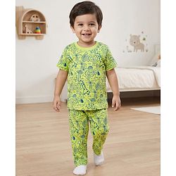Babyhug Cotton Knit Half Sleeves Co-ord Night Suit with Animal Print - Green
