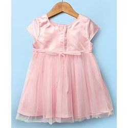 Babyhug Woven Cap Sleeves Solid Color Mesh Party Dress with Bow Applique - Pink
