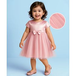 Babyhug Woven Cap Sleeves Solid Color Mesh Party Dress with Bow Applique - Pink