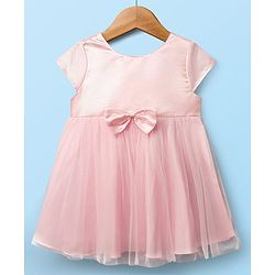 Babyhug Woven Cap Sleeves Solid Color Mesh Party Dress with Bow Applique - Pink