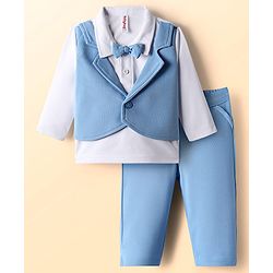 Babyhug Knit Full Sleeves Party Suit With Attached Waistcoat & Bow - Light Blue & White