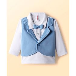 Babyhug Knit Full Sleeves Party Suit With Attached Waistcoat & Bow - Light Blue & White