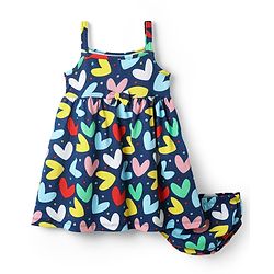 Babyhug Single Jersey Knit Sleeveless Frock With Heart Print & Bloomer - Navy Blue